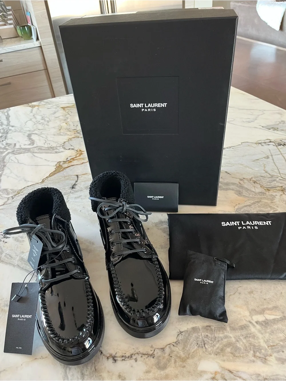 Saint Laurent Men’s Black Patent Leather Shearling Hi-Top Sneakers size 40 US 7